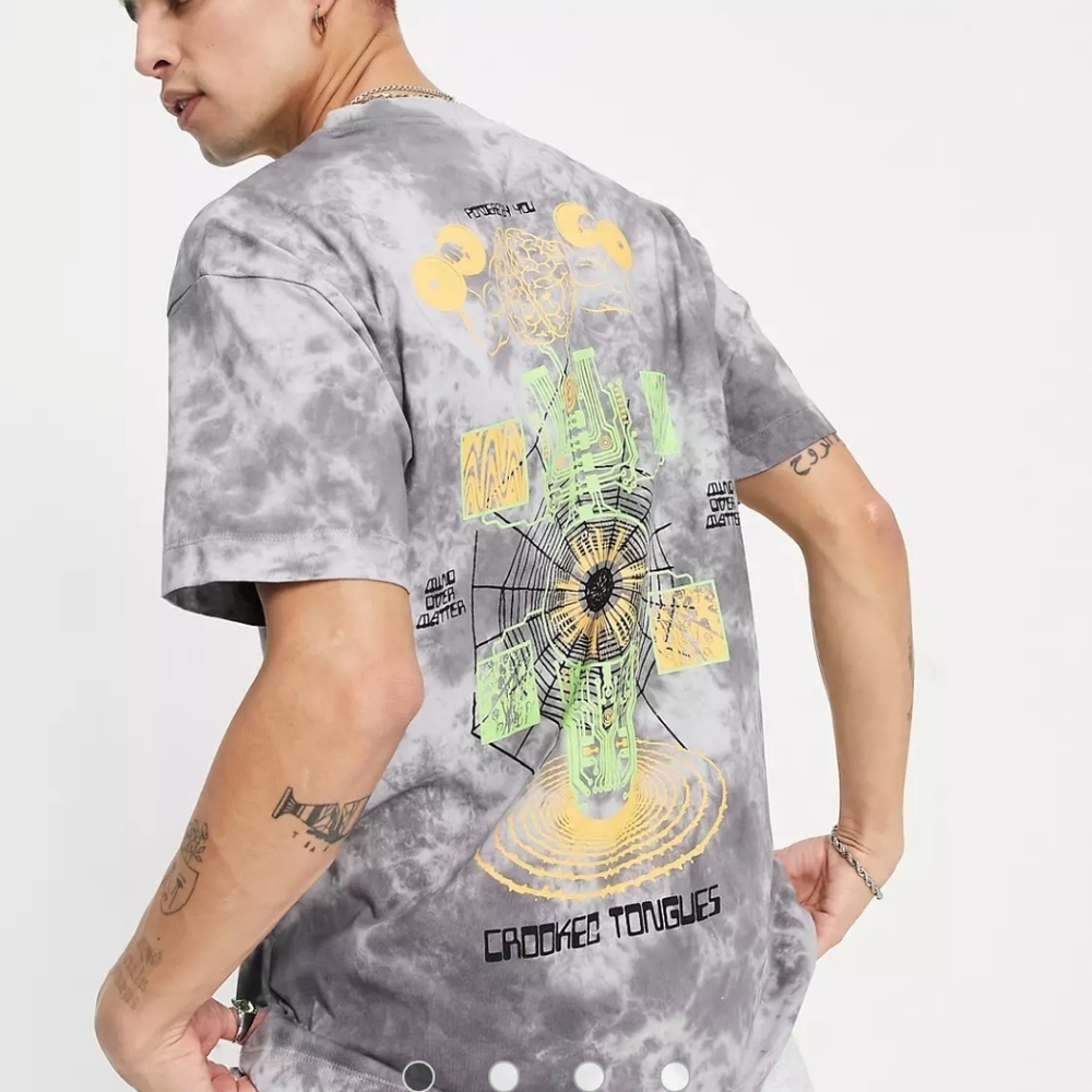 Asos Crooked Tongues Tie Dye Print T-Shirt in Grey 🆕️